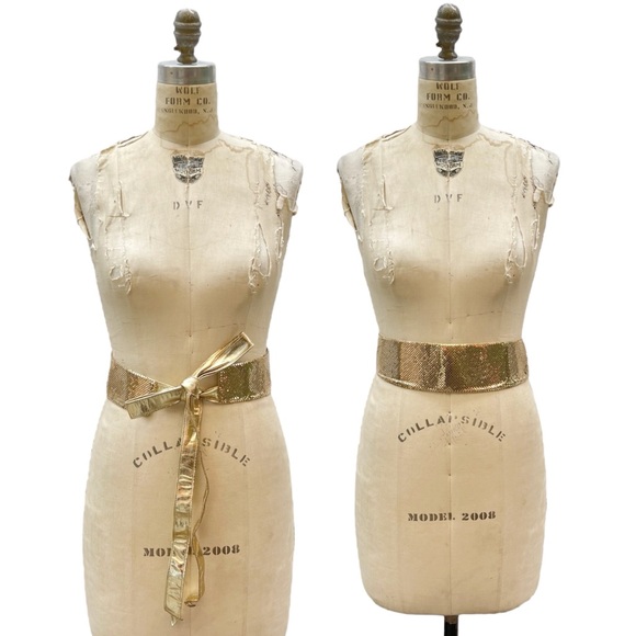 Vintage Whiting & Davis Gold Metal Mesh Chainmail Leather Tie Belt Womens SM/MED